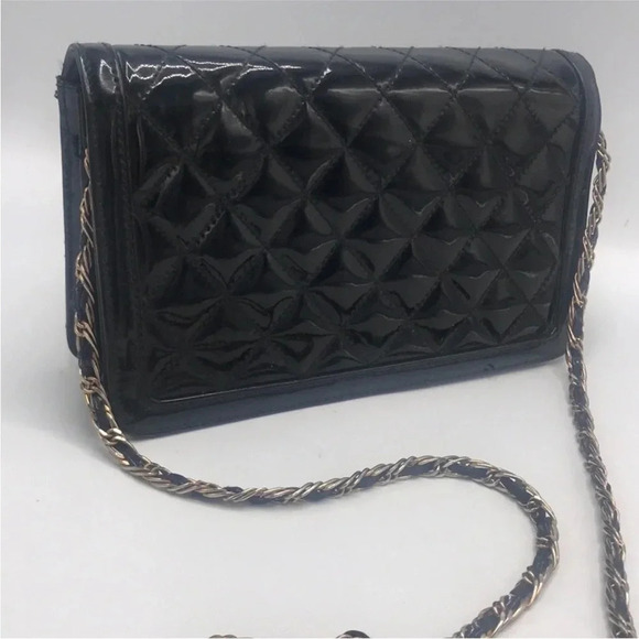 Vintage Ande' Mid Century Black patent leather Quilted Purse W shoulder strap - Picture 7 of 12